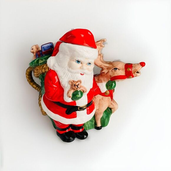 Vintage Teapot Santa Clause Reindeer Christmas Holiday Tea Beverage Dispenser - Picture 2 of 16